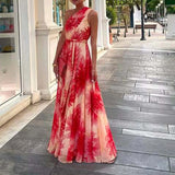 Daiiibabyyy  Sexy Slanting Elegant Pattern Print Lace-Up Party Dress Casual Sleeveless Pleated Bohe WomenDress  Shoulder Big Swing Long Dress