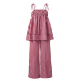 Daiiibabyyy  Women Summer Y2K Striped Pajamas Set Tie Shoulder Ruffle Tank Tops and Straight Pants 2 Piece Casual Vacation Beach Outfit