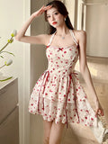DAIIIBABYYY  -  Women Fashion Floral Bow Chic Neck-mounted Midi Dress Summer Elegant Ruffled Lolita Dress 2025 New Korean Bodycon Kawaii Dress