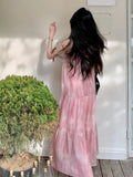 DAIIIBABYYY  -  Pink Tie Dye Beach Long Dress Women Elegant Casual Sleeveless Sweet Tanks Dress Casual Vintage Summer Lady Loose Long Dress