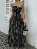 Daiiibabyyy  Elegant strapless waist cinching slimming dress with polka dot sexy off shoulder spring/summer new A-line skirt