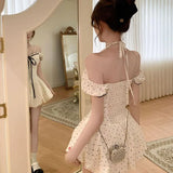 Daiiibabyyy  Summer Sweet Polka Dot Puff Sleeve Dresses Stylish Halter Female Clothing Square Collar French Style Bow Drawstring Mini Dress