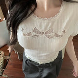 DAIIIBABYYY  -  Trend Lace Top Tee Women Clothing Fashionable Perspective Slim O-neck Short Sleeve T-Shirt Summer Simplicity Patchwork Top Tee
