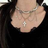 Daiiibabyyy  Y2K White Zircon Cross Pendant Necklace for Women Exquisite Leather Rivet Star Tassel Choker Vintage Punk Versatile Jewelry Gift