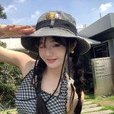 DAIIIBABYYY  -  Cute Bear Cowboy Hats Women Japanese Drawstring Bucket Hat Spring and Summer Outdoor Sunscreen Camping Mountaineering Sun Cap