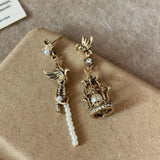Daiiibabyyy  Retro Art Design Bird In Cage Pearl Tassel Asymmetric Earrings Women's Personalized Charm Jewelry Creative Gifts