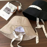 Daiiibabyyy  Womens' Polka Dot Fisherman's Hat Wide-brimmed with Fold-Down Brim Rustic Style Large Head Circumference Tie-Back Bucket Hat