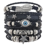 Daiiibabyyy  Ethnic Retro Multi-layer Devil's Eye Angel's Wings Star Black Wax Rope Leather Bracelets for Women Men Trendy Punk Jewelry Gifts
