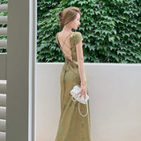 Daiiibabyyy Sexy Backless Satin Midi Dress Women Green Elegant Korean Style Casual Bandage Dress Female Lace Vintage Party Dress Summer