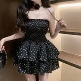 Daiiibabyyy  French Style Sweet Polka Dot Cupcake Mini Dress Summer Aura Strapless Women's Clothing Shirring Waist Stylish Ball Gown Dresses