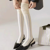 Daiiibabyyy  1pc Loose Mouth Vertical Stripe Stockings Knee-high Stitching Slimming Piled Women's Socks 2025 New Fashion Autumn Winter