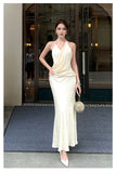 Daiiibabyyy  2026 French Fashionable Elegant Satin Evening Gown Women's Backless V-neck Halter Camisole Long Dress Sexy Chic Banquet Gown