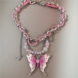 DAIIIBABYYY  -  Goth Exaggerated Pink Butterfly Glass Heart Pendant Short Choker Chain Necklace Women Charms Rave Jewelry Y2K Scene Accessories