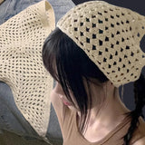 Daiiibabyyy  French Hollow Triangle Headband Towel For Women Beige Crochet Headbands Bandana Summer Travel Literary Photo Hair Scarf Bands
