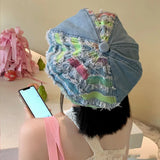 Daiiibabyyy Denim Washed Burr Edge Summer Spring Berets Ladies Women Girls Fashion Trendy Outdoor Street Cap