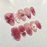 Daiiibabyyy  24Pcs French White Gradient Almond Press on Nails Flower Pattern False Nails with 3D Rhinestone Design Fake Nail Art