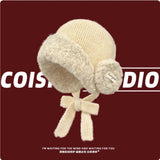 Daiiibabyyy  Korean Niche Lambs Wool Knitted Pullover Hat Thickened Warm Ear Protection Lace-up Winter Outdoor Riding Bomber Hats for Women's