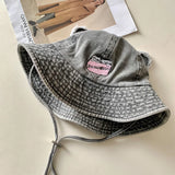 DAIIIBABYYY  -  Korean Bear Ears Denim Bucket Hat Women's Spring and Summer Outdoor Shading Versatile Big Head Windproof Strap Cowboy Hats
