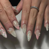 Daiiibabyyy  White Glitter Powder Bowknot Long Pointed Fake Nails Art Ballet False Nail Cow Print Pearl Rhinestone Pink Almond Press on Nails