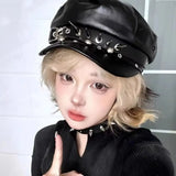 Daiiibabyyy  Harajuku PU Leather Rivet Punk Cap Dark Retro Beret Hat Gothic Spike Cap Black Lolita Cool Painter Hat Mens Women