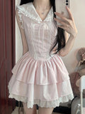 DAIIIBABYYY  -  Sweet Slim Pink Dress Women Cute Preppy Style Sailor Collar Mini Dress Casual Retro Japan Lace Patchwork Kawaii Cake Dress