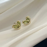 Daiiibabyyy  Fresh Green Crystal Heart Stud Earrings Girls Ins Sparkling Earrings Holiday Daily Sweet Fashion Jewelry Gifts