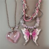 DAIIIBABYYY  -  Goth Exaggerated Pink Butterfly Glass Heart Pendant Short Choker Chain Necklace Women Charms Rave Jewelry Y2K Scene Accessories