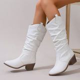 Daiiibabyyy  Europe America Fashion Round Head Thick Sole Western Boots For Women Leather High Top Pleated Casual Daily Footwear