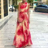 Daiiibabyyy  Sexy Slanting Elegant Pattern Print Lace-Up Party Dress Casual Sleeveless Pleated Bohe WomenDress  Shoulder Big Swing Long Dress