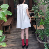Daiiibabyyy  Fashion Peter Pan Collar Sweet A-Line Dresses Summer Solid Color Women's Clothing French Style Puff Sleeve Aura Folds Mini Dress