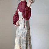 DAIIIBABYYY  -  Spring Summer Patchwork Floral Dresses Ladies Chinese Style 2025 New Temperament Chiffon Puff Sleeve Long Dress Women Clothing