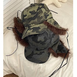 Daiiibabyyy  American Y2k Camouflage Imitation Fur Plush Men Baseball Cap Winter Outdoor Thermal Lace-up Ear Protector Women Bomber Hats
