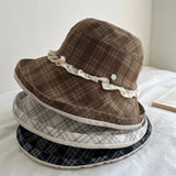 Daiiibabyyy  Japanese Plaid Bucket Hat for Women Spring Summer Breathable Sun Protection Hat Large Brim Lace Edge Foldable Fisherman Hats