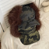 Daiiibabyyy  American Y2k Camouflage Imitation Fur Plush Men Baseball Cap Winter Outdoor Thermal Lace-up Ear Protector Women Bomber Hats