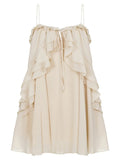 Daiiibabyyy  French Temperament Solid Ruffles Spaghetti Strap V Neck A-LINE Short Off Shoulder Dresses