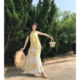 Daiiibabyyy  Women Clothing 2 Piece Sets Solid Sweet Halter Ruffled Bow Tank Top + High Waist A-line Printing Skirts Outfits Chic Summer Suit