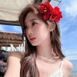 Daiiibabyyy  Side Hairpin Red Bauhinia Flower Straight Clip Seaside Holiday Essential Sweet Duckbill Clip Female Double Flower Hairpin