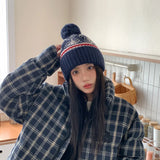 Daiiibabyyy  Japanese Retro Jacquard Knitted Pullover Hat for Women Autumn and Winter Ear Protectors Thickened Warm Skull Beanie Cap