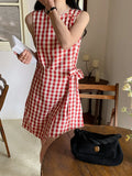 DAIIIBABYYY  -  Atmosphere Contrasting Color Checkered Lace Up Waist Cinched Sleeveless Dress