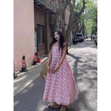 DAIIIBABYYY  -  Pink Checkered Sleeveless Dress Women Summer 2025 New Vacation Style Cinched Waist Slimming Round Neck Vest Dresses