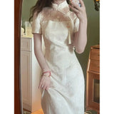 DAIIIBABYYY  -  Chinese Qipao Summer White Rose Improved Cheongsam Elegant Women Jacquard High Waist Daily Qipao Party Dress Women