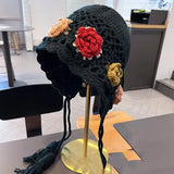 Daiiibabyyy  Flower Knitted Hat Women's New Autumn Japanese Retro Hat Literary Temperament Versatile Ear Protectort Hat Female
