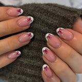 Daiiibabyyy  White Glitter Powder Bowknot Long Pointed Fake Nails Art Ballet False Nail Cow Print Pearl Rhinestone Pink Almond Press on Nails