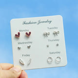 DAIIIBABYYY  -   2024 Creative Week Stud Earrings Set for Women Heart Pearl Rhinestone Earring Korean Fashion Party Jewelry Wholesale