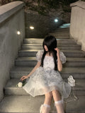 DAIIIBABYYY  -  A-line Organza Dresses Female Square Collar Puff Sleeve Robe Femme Slim Waist Sweet Mini Dress Summer Korean Vestido