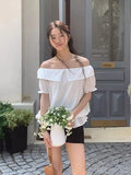 DAIIIBABYYY  -  2025 Korean Chic Summer New Style Romantic Texture Temperament Off Shoulder Ruffle Edge Short Sleeved Shirt Top