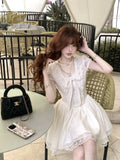 Daiiibabyyy  Summer French Elegant Sweet Princess Dress Women's Short-sleeve Round Neck Lace Bow Mini Party Dress Chic Fashionable Clothing