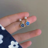 Daiiibabyyy  French Delicate Enamel Blue Small Flower Imitation Pearl Dangle Earrings for Women Elegant Fashion Jewelry Accessories