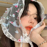 DAIIIBABYYY  -  Super Fairy Seaside French Lace Colored Butterfly Triangular Headscarf Female Bag Head Photo Tied Hair Silk Scarf Mesh Headband