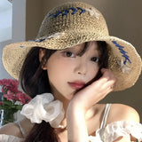 Daiiibabyyy  New Summer Style Flower Patterned Straw Hat Featuring Sunshade Sun Protection Fisherman's Hat French Seaside Beach Vacation Hat